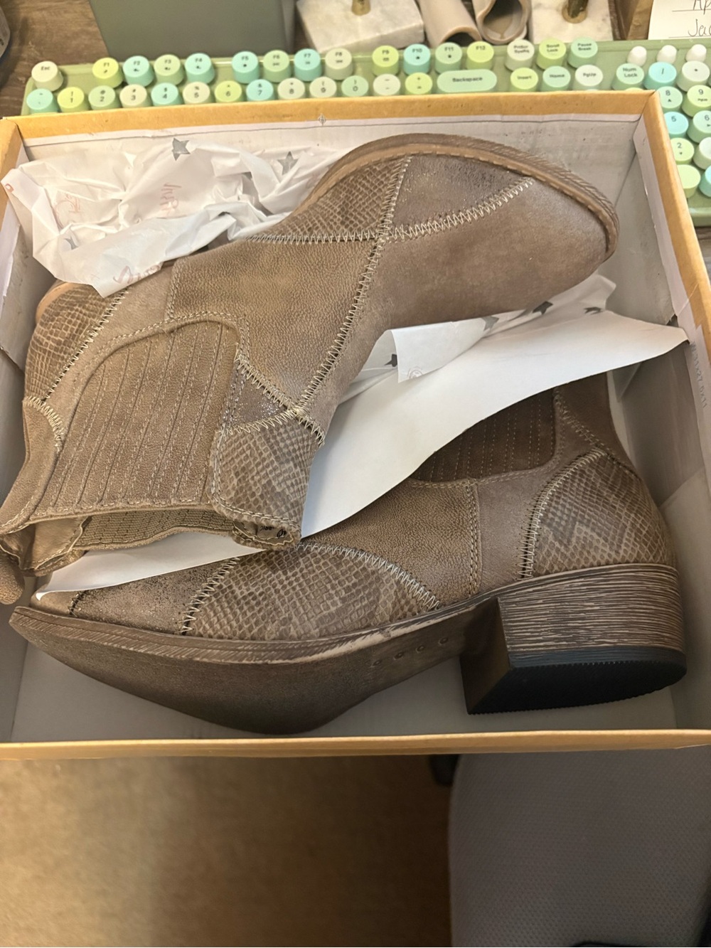 New ladies Very G Taupe Suede Chelsea Booties with Textured Paneling